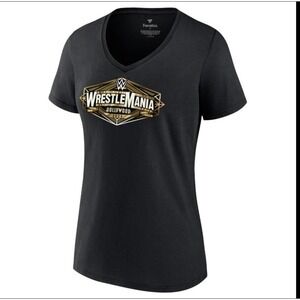 Fanatics WrestleMania Hollywood 2023 Logo V Neck T-Shirt Black Extra Large
